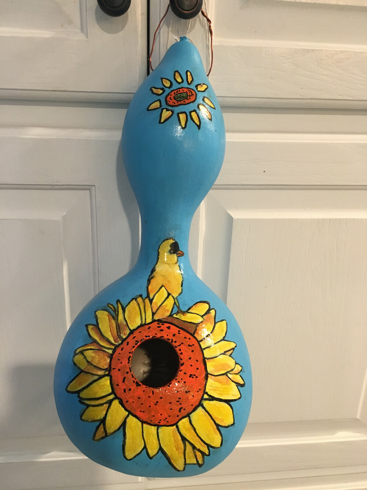 New hand painted & signed large GOURD BIRDHOUSE bird on a sunflower