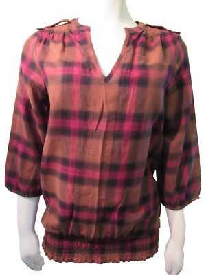 The Limited plaid brown 3/4 sleeve blouse smocked peasant XS NWT $49.90