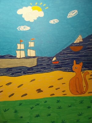 9x12 ORIGINAL Seascape PAINTING Cat Kitten Collectible Whimsical Gift -Gat Art
