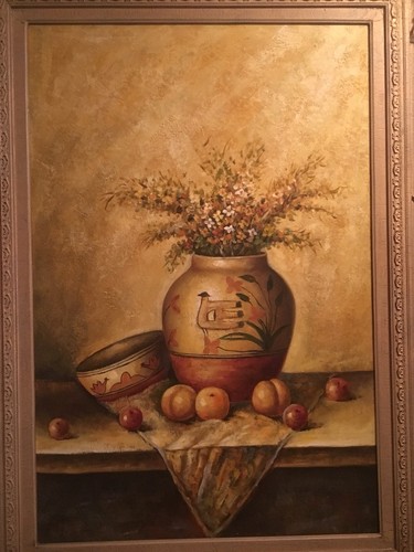 Large Oil Painting On Canvas Vase And Fruit Ornate Custom Frame R. Westey