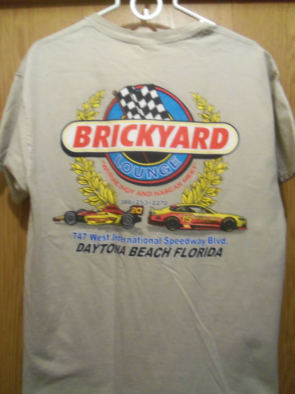 Brickyard Lounge tan graphic Daytona L t shirt where INDY n NASCAR meet