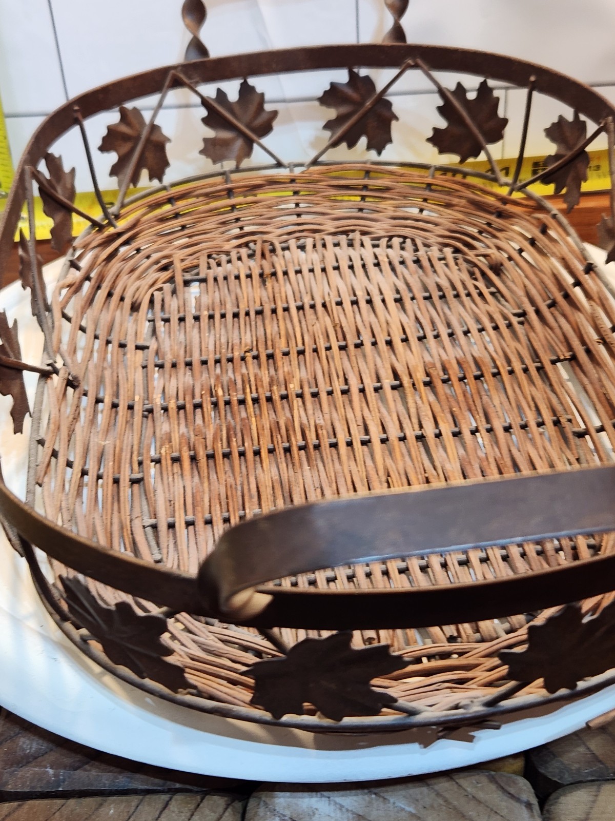 Vintage Antiqued  Metal Oval Bread Basket Leaves Wicker with Metal Base