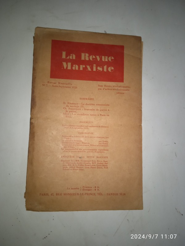 La Revue Marxiste. NÂ° 7. AoÃ»T-Septembre 1929.