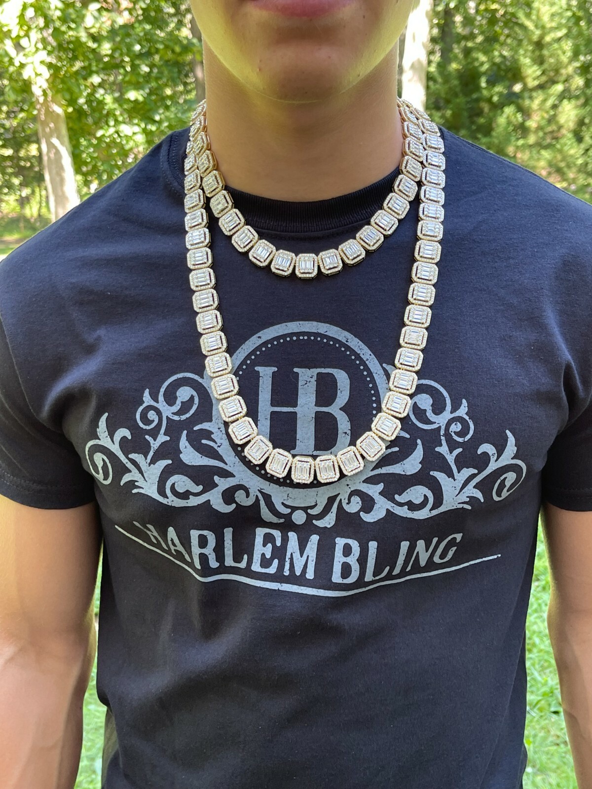 Pre-owned Silver 14k Gold Plated Real 925  Baguette Chain 15mm Men's Iced Cz Necklace