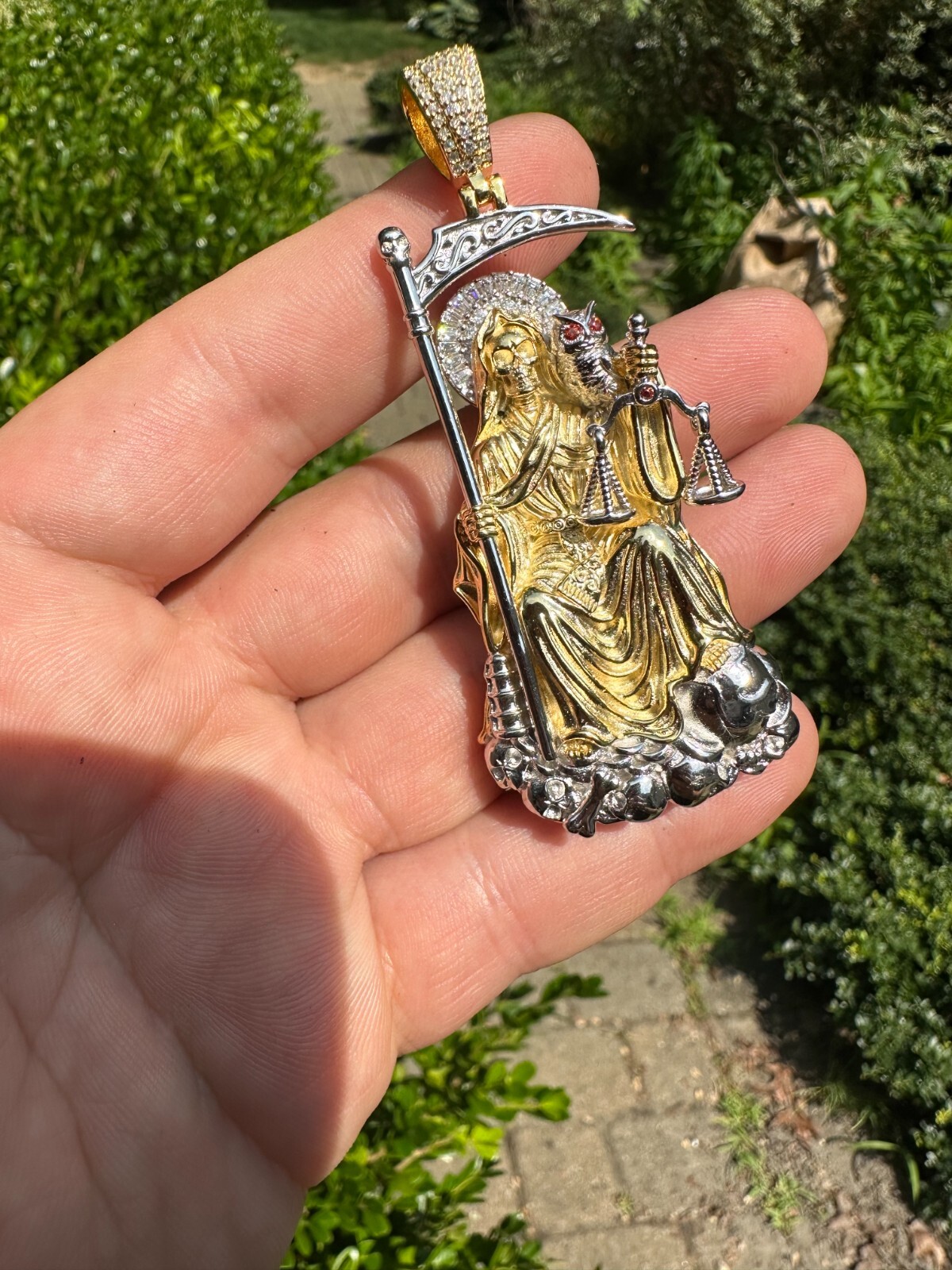 Pre-owned Harlembling Moissanite Santa Muerte Grim Reaper Pendant 925 Silver / 14k Gold Rose Necklace In White