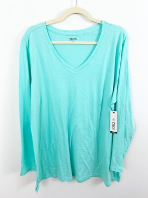 NEW Zelos Curvy Long Sleeve Shirt Plus Size 2X Green Blue Teal V Neck Casual