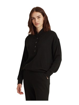 

RALPH LAUREN Женский черный топ в рубчик на пуговицах спереди с длинным рукавом и V-образным вырезом