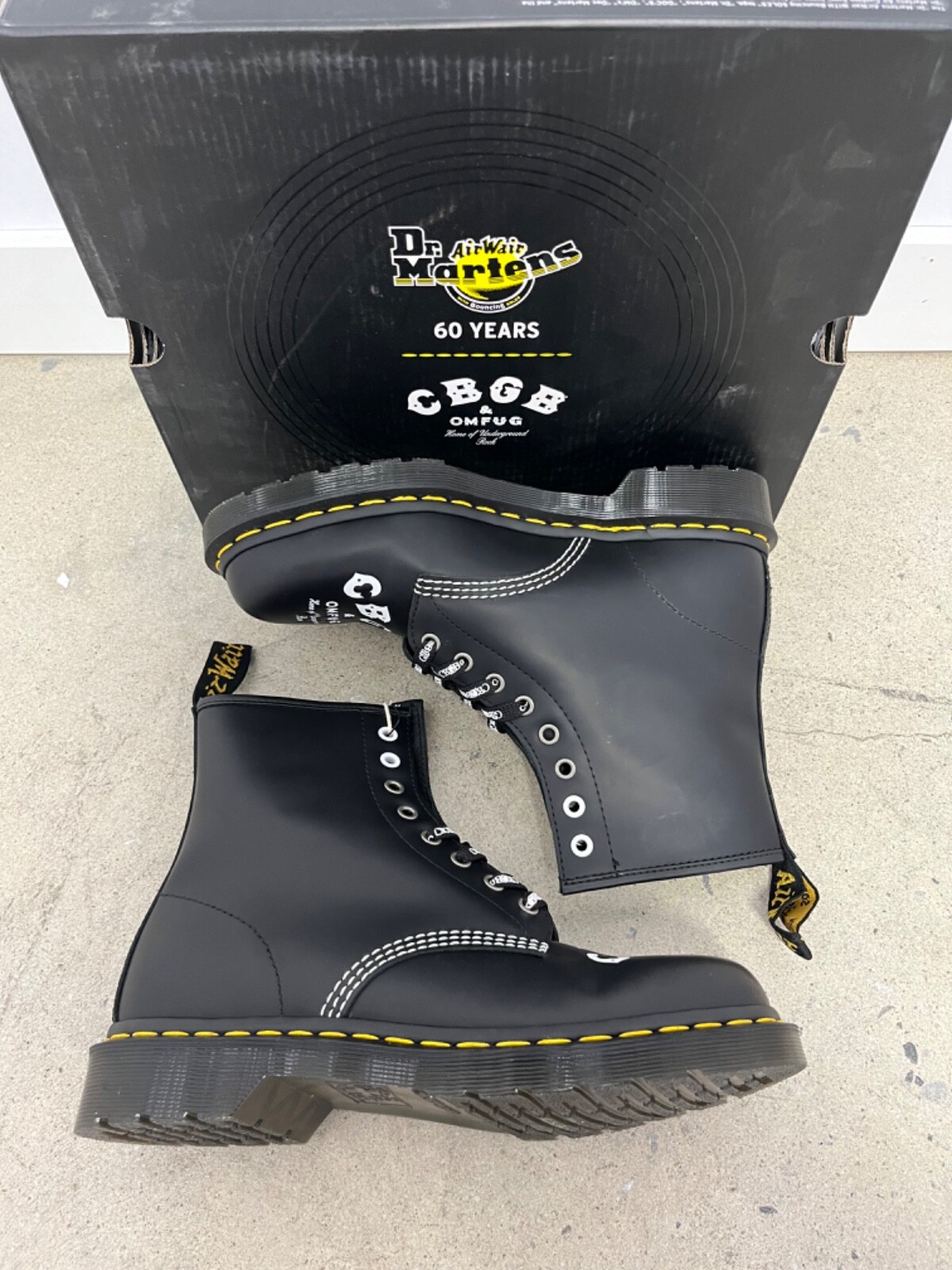 Pre-owned Dr. Martens 1460 Cbgb Printed Rolled Leather Boots Black/white All Sizes