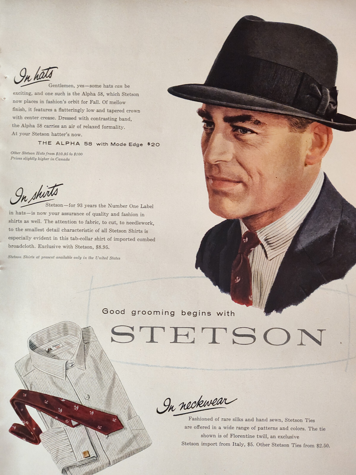 1958 Esquire Ad Advertisement Good Glooming begins with STETSON