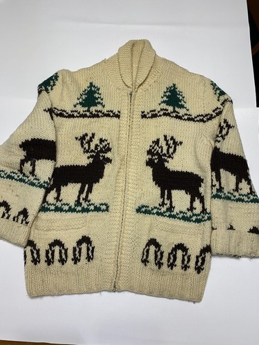 Vintage Hand Knit Wool Cowichan Siwash Sweater Trees Deer