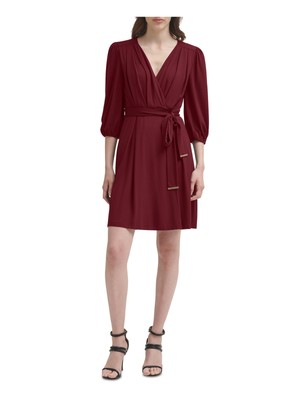 

Женское бордовое платье DKNY с поясом и поясом на подкладке и рукавами 3/4 из искусственного запаха, Burgundy