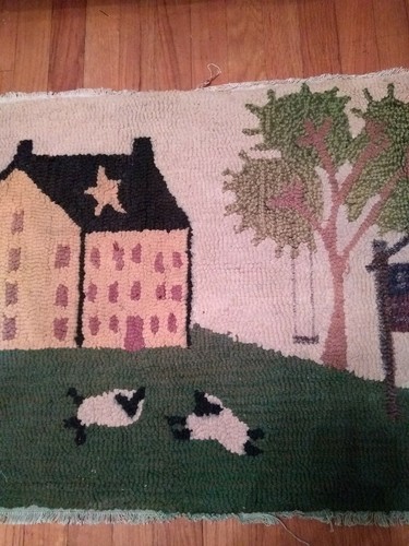 Vintage Primitive Farmhouse wool Hook hooked Rug sheep Americana 2 x 3