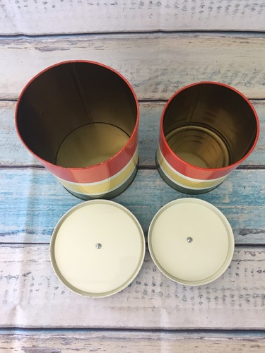 Tin Striped Canisters Nesting Metal With Lids Retro 1970s Vintage Green Set of 2