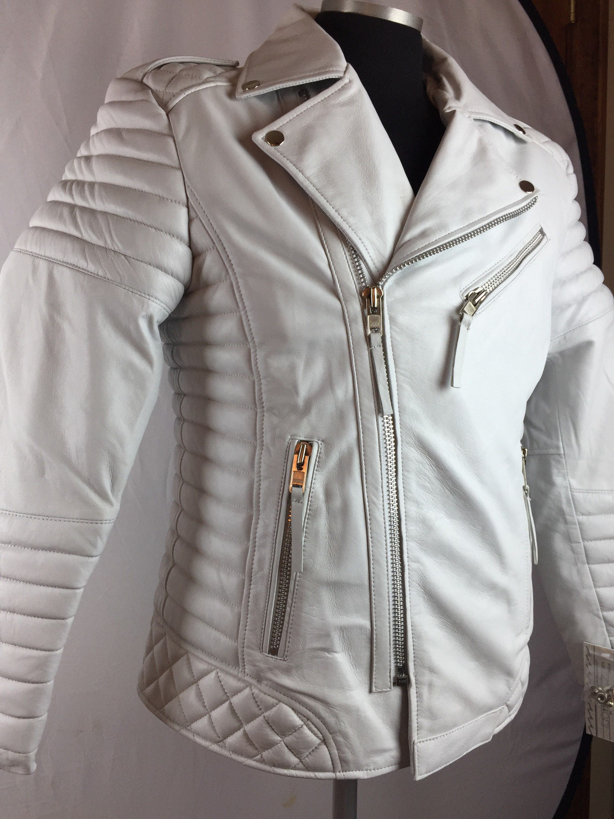Pre-owned Genuine Leather Mens Real Lambskin Leather Biker Jacket Motorcycle White M L Xl 2x 3x 4x 5x 6x