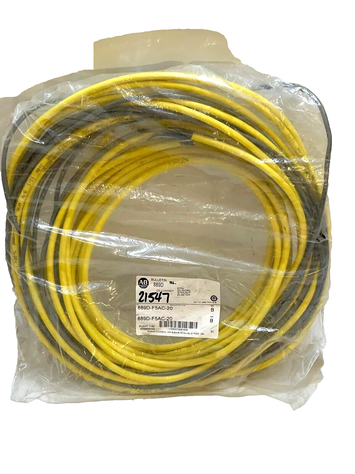 Allen Bradley 889D-F5UC-20 Series B QD Cordset, 5 Pin Female To Bare Wire, NEW.