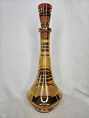 MCM Decanter Bohemian Amber Gold Atomic Rings Mid Century Barware 14'' Tall
