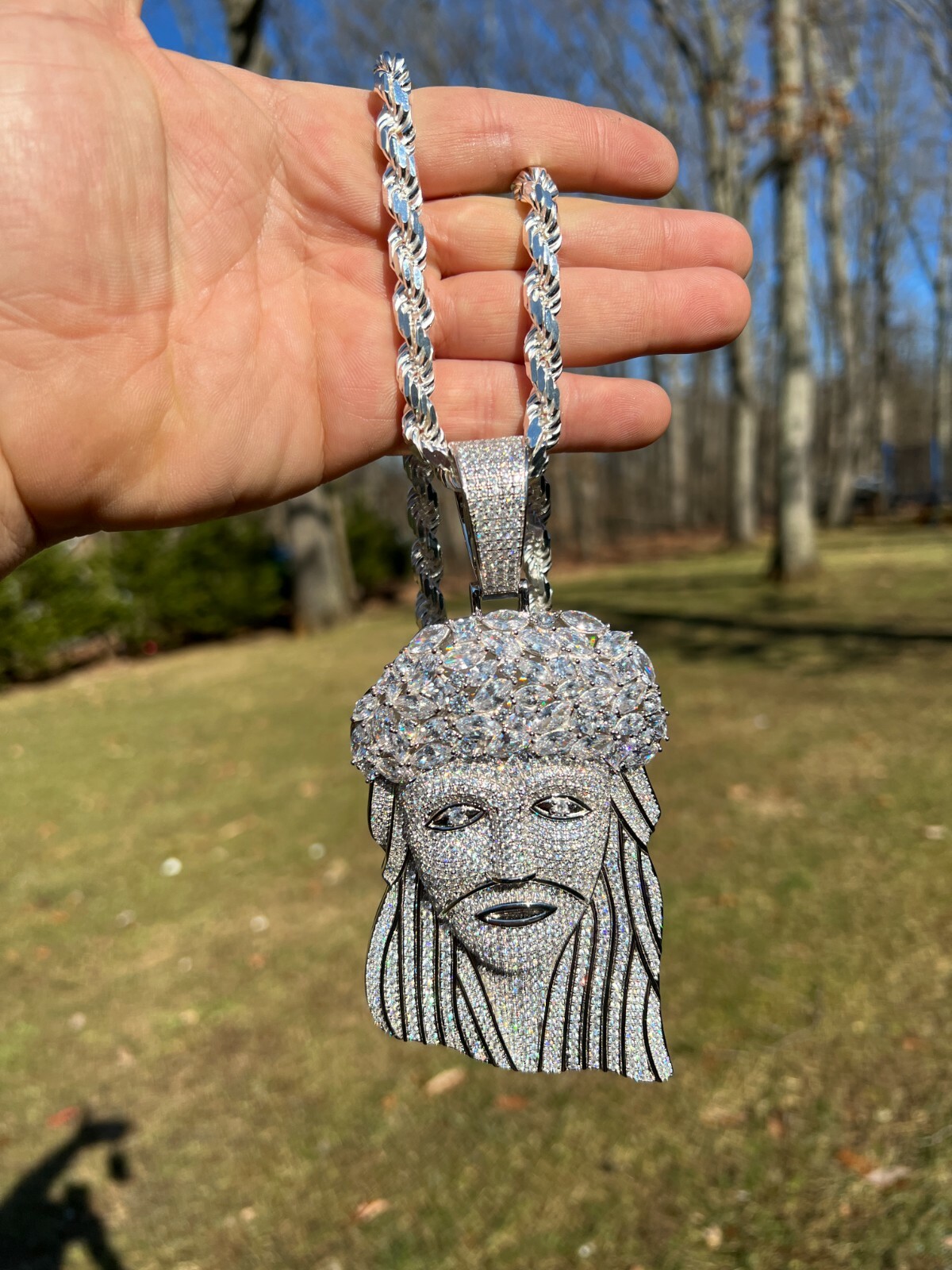 Pre-owned Silver Huge 6" 290 Gram Real 925  Mens Iced Baguette Cz Jesus Piece Pendant In Gold