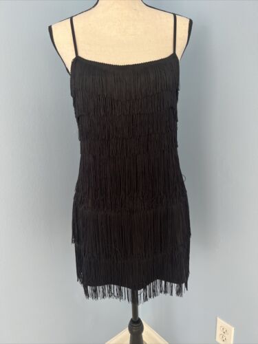Black Vintage 20s Flapper Girl  Fringed Cocktail Dress Party Costume XL