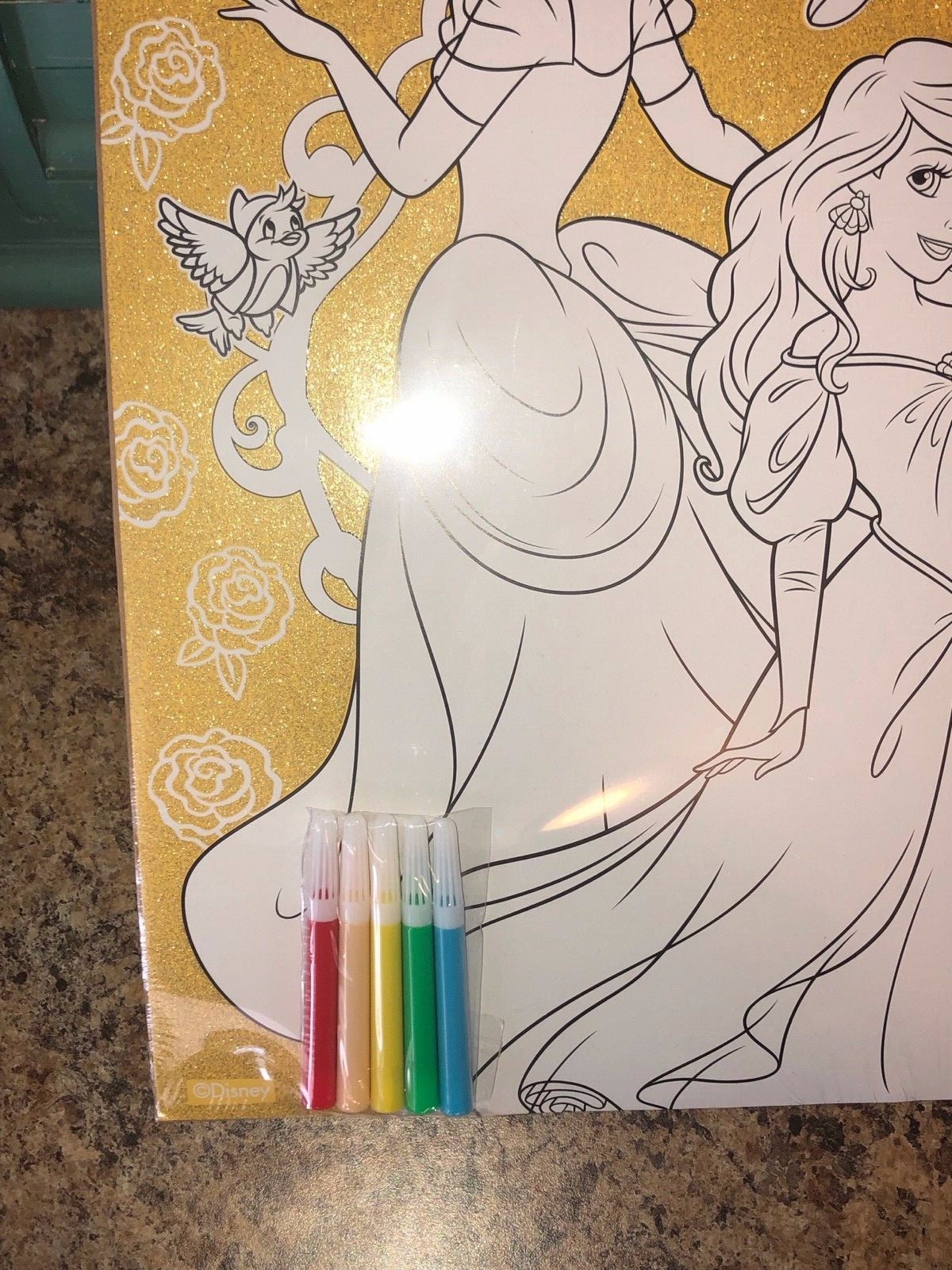NEW Disney Princess CINDERELLA & ARIEL Glitter Coloring Poster & Markers 11x15