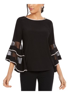

MSK Womens Black Illusion-band Mesh Bell Sleeve Boat Neck Evening Top Petites, Черный