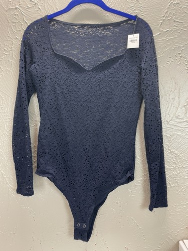 Hollister Womens Crochet Lace Blue Long Sleeve V-Neck Bodysuit...