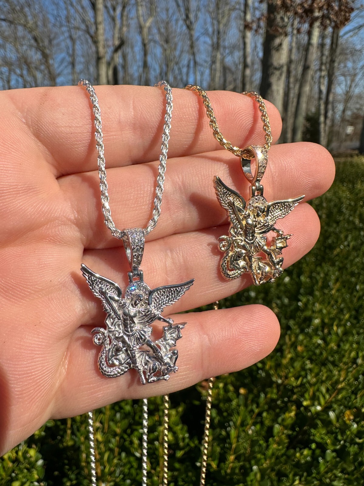 Pre-owned Hip Hop Real Diamond Saint Michael Archangel Pendant Solid 14k Gold Necklace Pendant In White