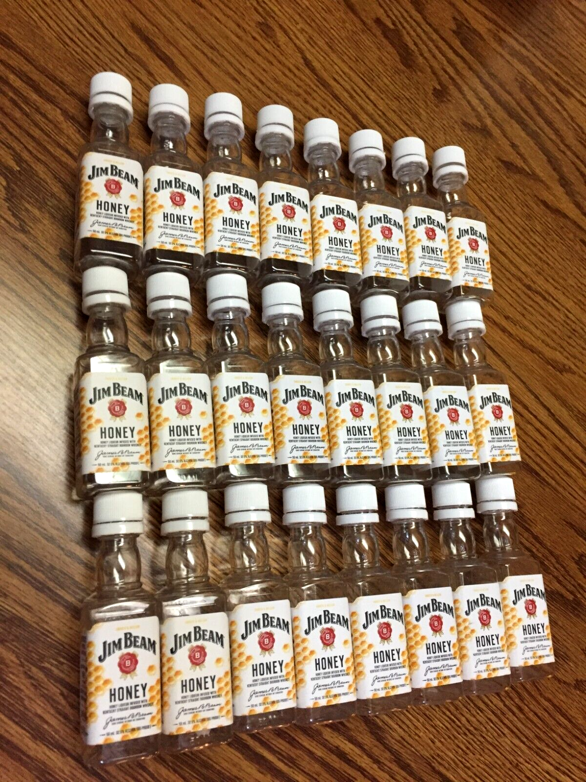 24 Jim Beam Honey Whiskey 50 ML Empty Plastic Bottles with Lids (White Labels)