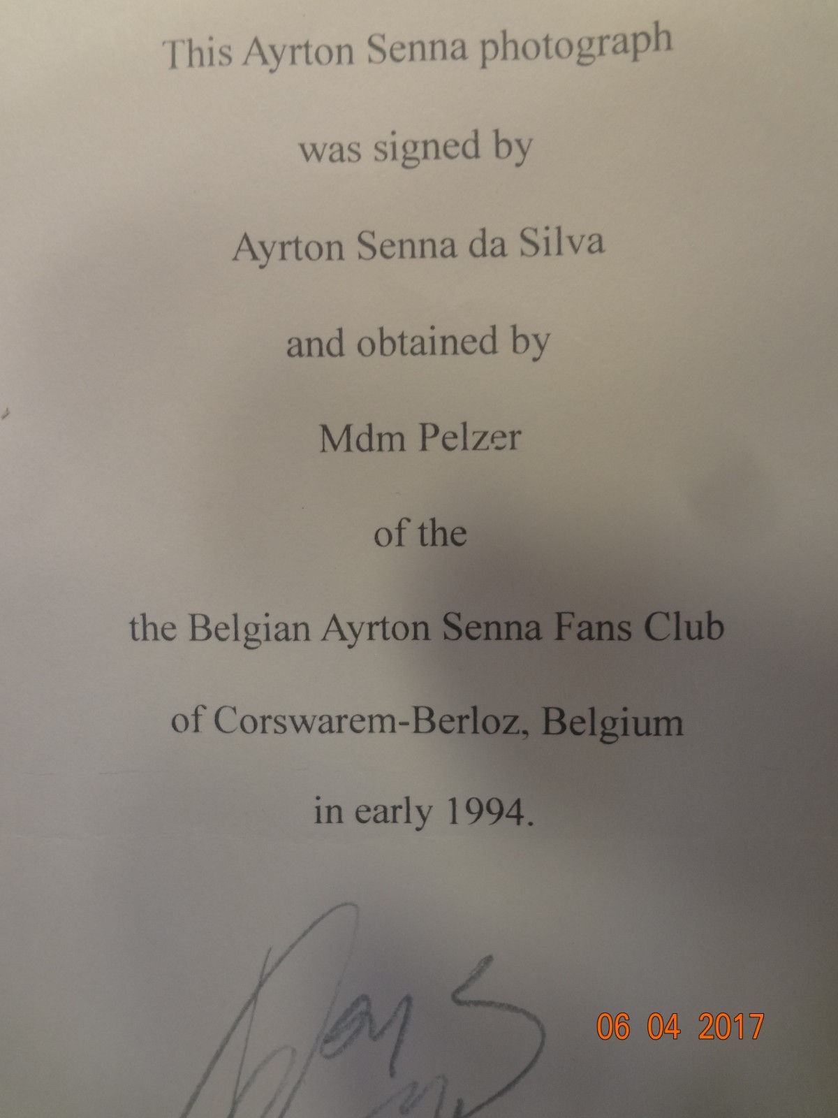 Ayrton Senna Autographed ( Chris Grint Certification ) picture set from 1994