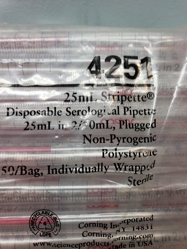 Qty 50 Costar 25mL Disposable Serological Pipettes Plugged # 4251 Pipet