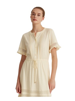 

LAUREN RALPH LAUREN Женское бежевое платье трапециевидной формы длиной до колена с короткими рукавами и галстуком, Бежевый