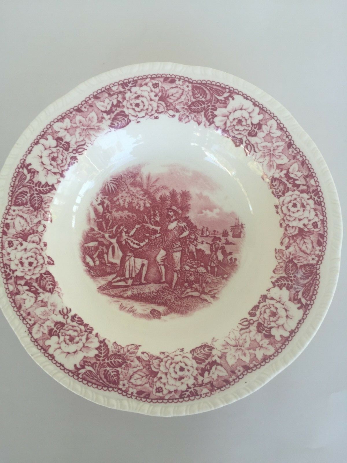 Homer Laughlin Historical America  Red Transferware 4 Rimmed Bowls Ponce de Leon