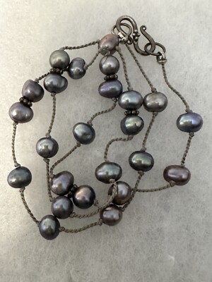 PEACOCK GREY BAROQUE PEARL CORD STATION NECKLACE W/STERLING S HOOK 17 