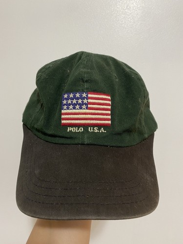 Vintage POLO USA RALPH LAUREN Cap Hat Green Two Tone Flag Logo USA