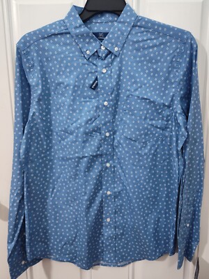 George Men's Blue Geo Long Sleeve Poplin Button-Up Shirt Size M 38/40