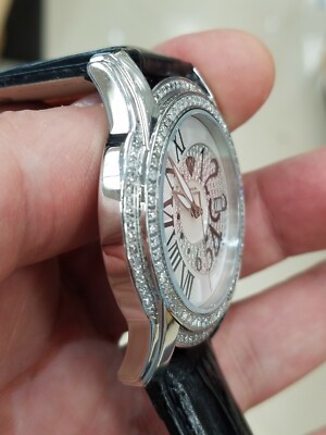Pre-owned Aqua Master Men's W127 1.7ct Round 2 Row Diamond Bezel Leather Quartz Watch In Silver