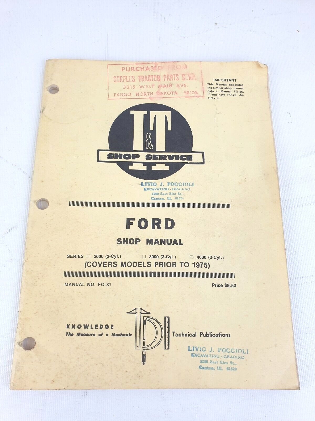Vintage Ford I&T Shop Service Catalogue/Manual From 1975