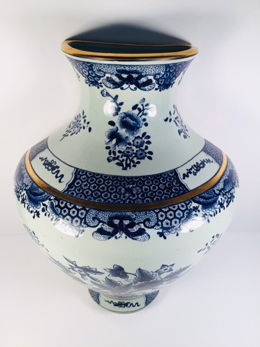 Vintage Large Porcelain Blue White Gold  Half Urn Wall Pocket Vase Floral