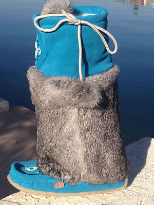 Pre-owned Laurentian Chief Canadian Tall Turquoise Suede Mukluk With Gray Rabbit Fur