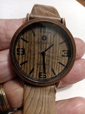 Octavius Men's Analog Brown Faux Wood Grain Buckle Band Watch BRAND NEW BATTERY