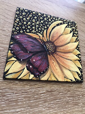 Original Butterfly - Sunflower Painting Signed 4  by 4 