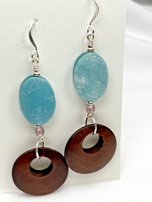NEW Handmade Sea Blue Earrings, w/ Wood Dangle, Silver Plated, Light Weight
