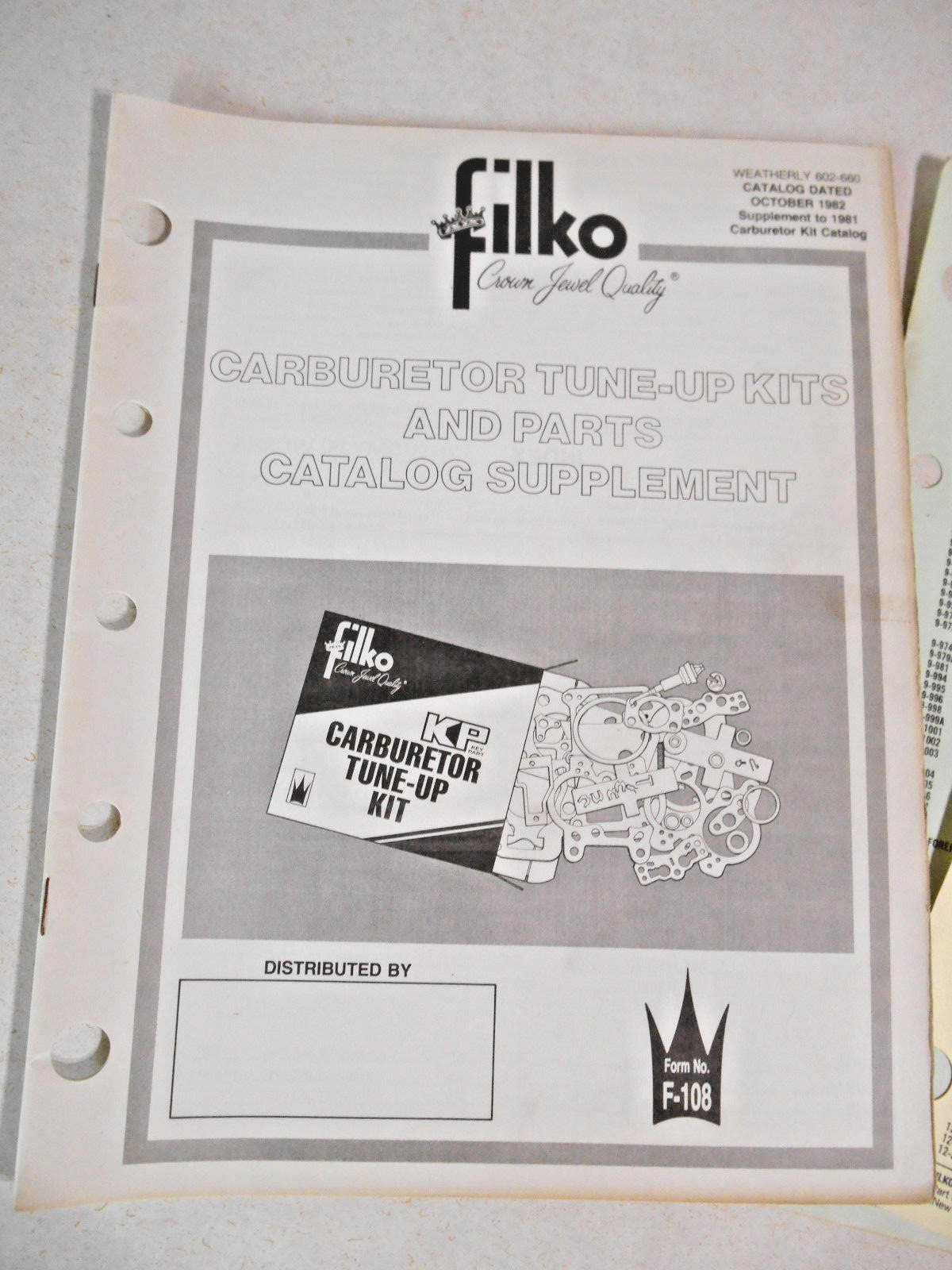 Vintage Old 1982 Filko Carburetor Kits Parts Catalog Supplement w Price Sheets