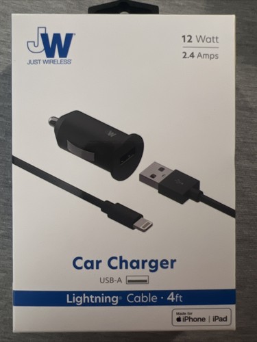 Just Wireless Car Charger 12w 2.4A Adapter USB-A to LTNG Cable - 4ft - Black