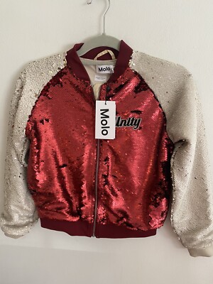 New with tags Molo sequin girls 12/14  jacket red ivory full front zipper Unity