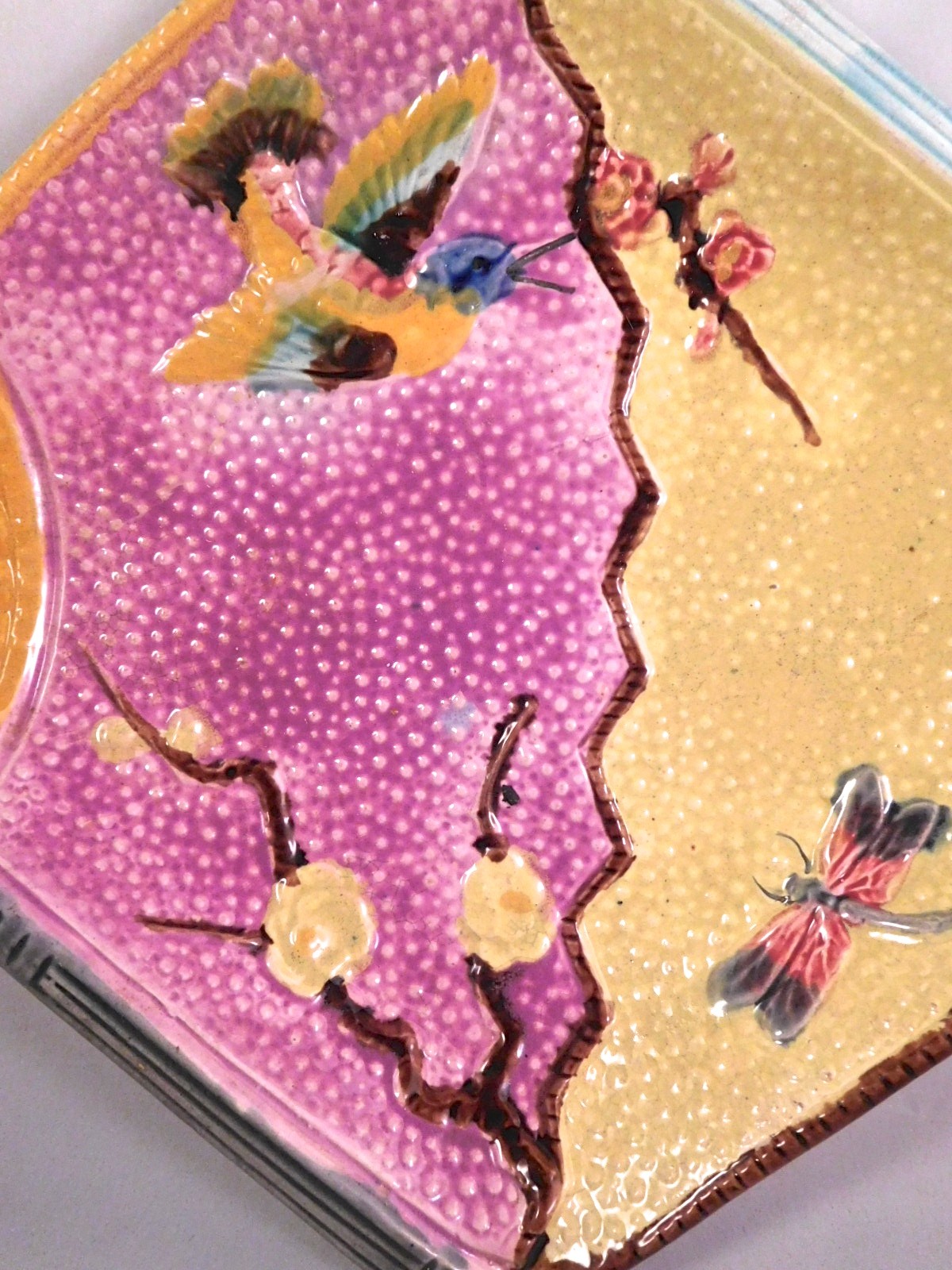c1890 Aesthetc Style Eureka Pottery Majolica Dragonfly, Bird & Fan Bread Tray