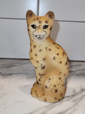 Fenton Opal Satin Glass Stylized Leopard Cat Hand Painted Artist M. Young. 5''