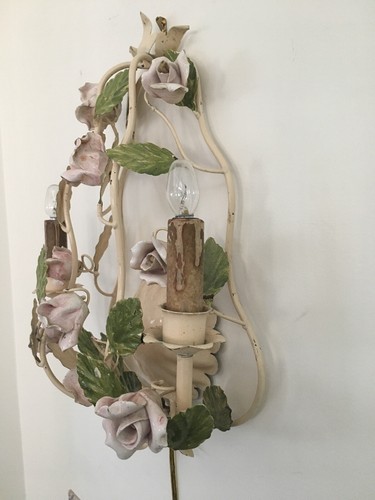 Vintage Italian Tole Sconce Pink Porcelain Roses Chippy Shabby Chic