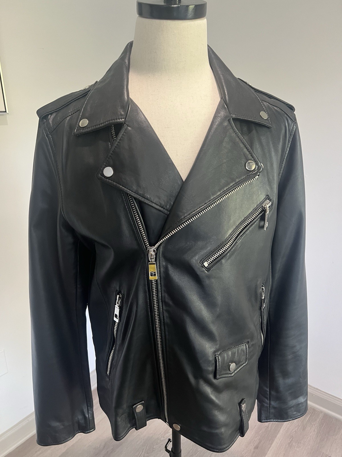 ZARA Men's Black Lamb skin Leather Biker Jacket Size Large