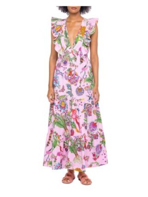 

Женское розовое платье макси с V-образным вырезом и расклешенными рукавами BANJANAN без подкладки, Розовый