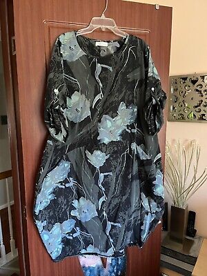Simply Couture Cotton Floral Grey Blue Loose With Pockets Plus Size Dress
